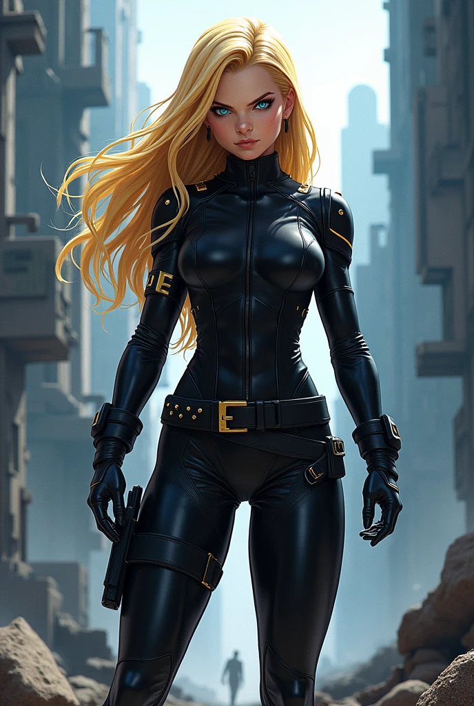 Create an image of the Android 18 character, with her iconic features, blonde hair and blue eyes. She should be wearing black tights, matching her usual style. The pose should be dynamic and expressive, reflecting her confident and strong attitude. Be sure to capture the essence of the character, including her detailed look and striking presence."