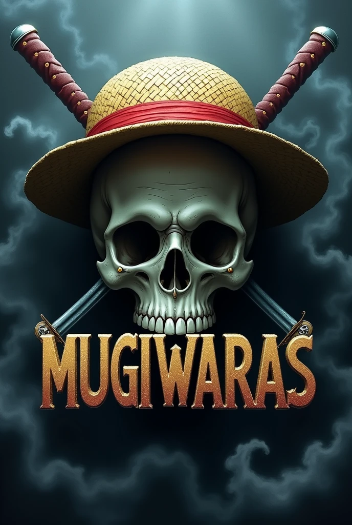 Realistic scary skull above written MUGIWARAS in 3d Luffy's straw hat on the skull, with Zoro's katanas crossed over the skull