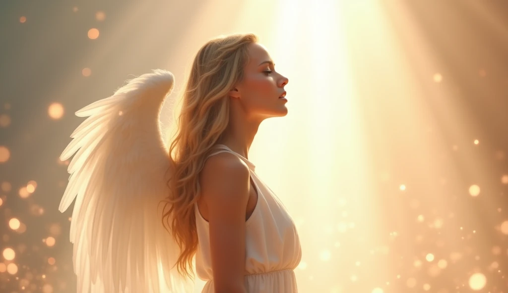 Create an incredibly detailed and hyper-realistic image of a woman with an angelic beauty, singing gospel music in an acoustic style. She is the focal point, with high contrast to emphasize her divine presence and beauty. The setting has a heavenly atmosphere, with soft, ethereal lighting that highlights her serene expression and the purity of her praise. Her surroundings are subtly blurred to keep her in sharp focus, and the background features a soft glow, suggesting a spiritual connection with God. The scene should evoke a sense of reverence and awe, capturing the essence of divine worship.