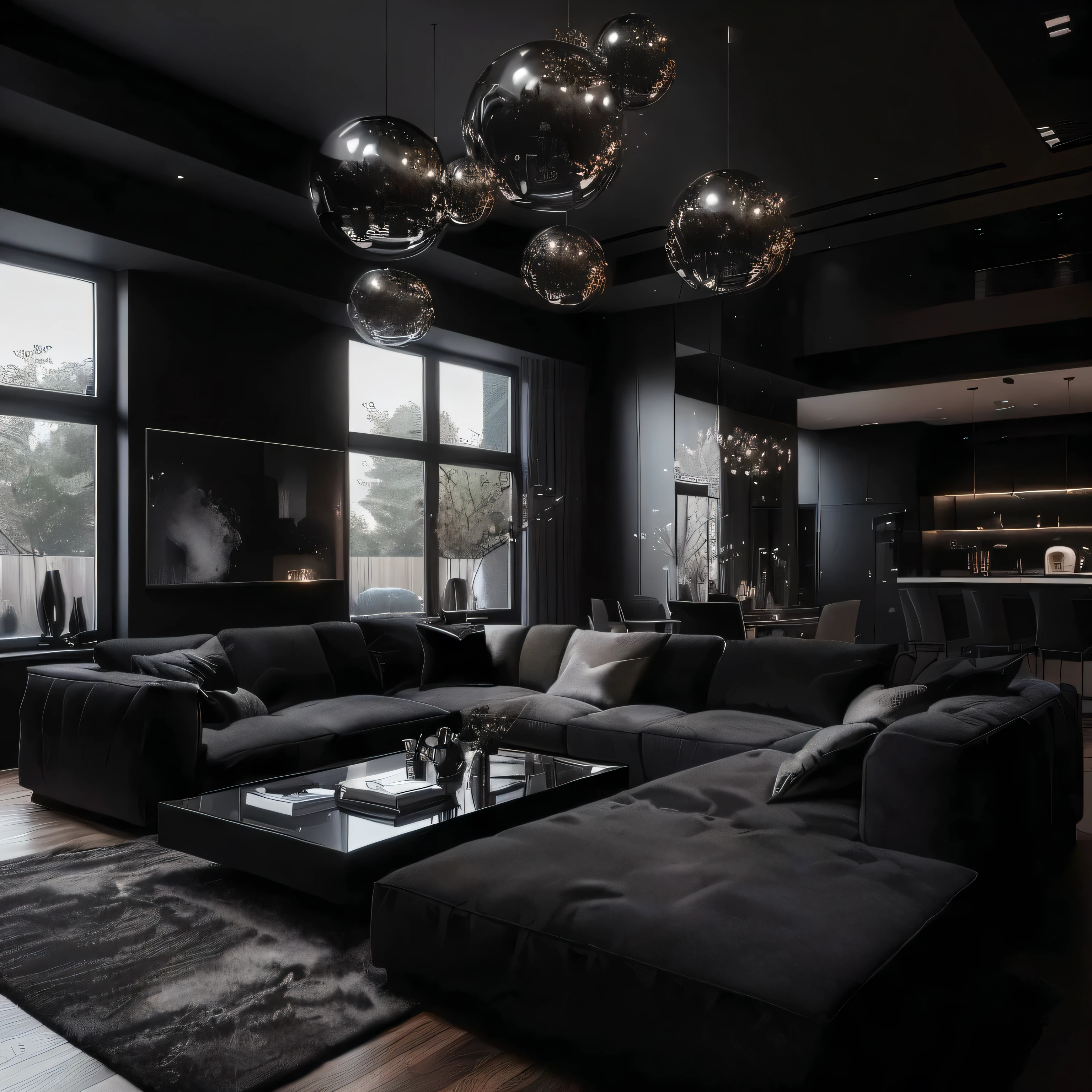 a dimly lit living room with a large black couch and a coffee table, dark interior, dark and modern, dark and moody aesthetic, moody ambiance, dark classic interior, apartment with black walls, black color scheme, dark show room, dark and moody colors, dark deco, dramatic and moody, moody vibe, deep black tones, dark themed, living room vibe Create a hyper-realistic 3D render of a modern, luxurious living room with a dark and sophisticated color palette. The room features a large, plush sectional sofa in deep charcoal gray with matching cushions. The space is illuminated by multiple reflective, spherical pendant lights hanging from the ceiling, creating a dramatic effect. The living area includes a low, black coffee table with minimalistic decor, and the walls are adorned with contemporary abstract art. The floor is covered with a sleek rug that complements the overall monochromatic design. The room is spacious with large windows that allow natural light to filter through, contrasting with the dark interior. The kitchen and dining area in the background continue the dark, minimalist theme, with subtle lighting highlighting key elements
