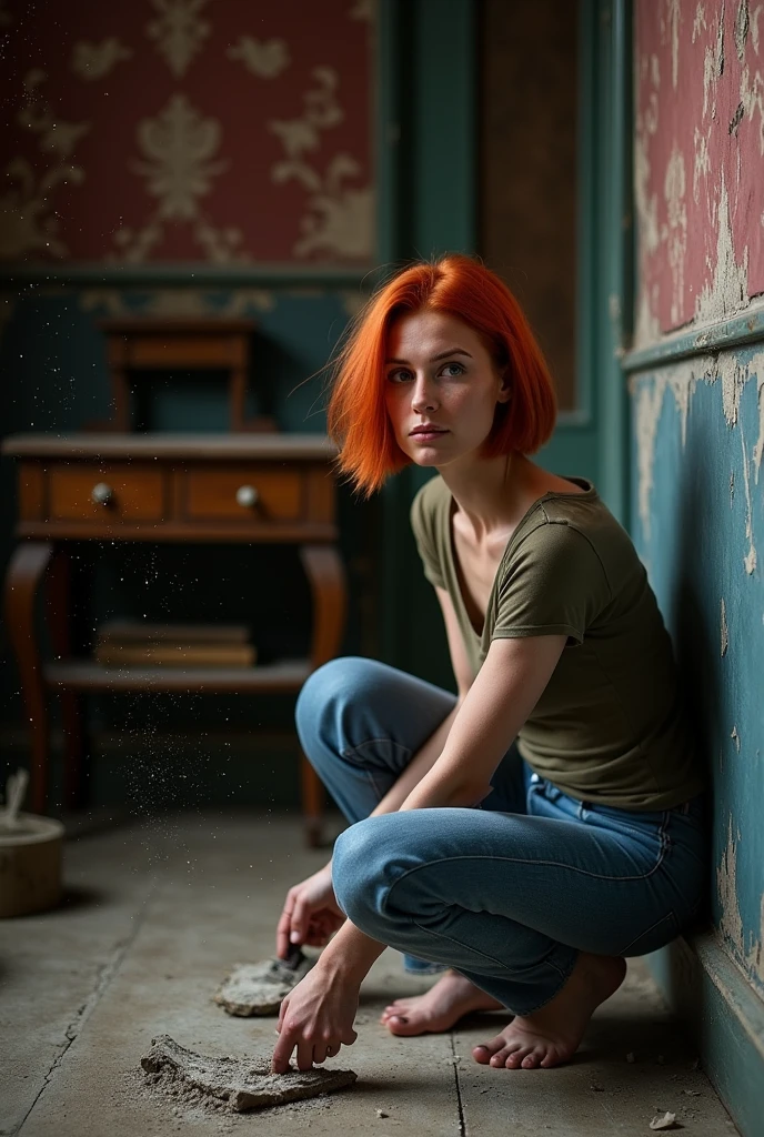 make a squatting woman with red hair a little short on the back inside an old house removing the paint from the wall with the scenery darker colors and further away