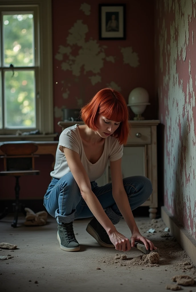 make a squatting woman with red hair a little short on the back inside an old house removing the paint from the wall with the scenery darker colors and further away