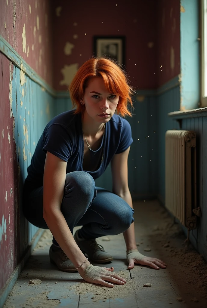 make a squatting woman with red hair a little short on the back inside an old house removing the paint from the wall with the scenery darker colors and further away