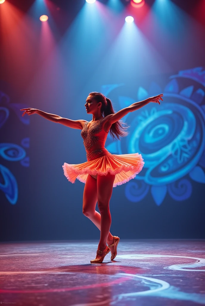 a teenage dancer, It is on the stage and can be seen from the ground point of view.