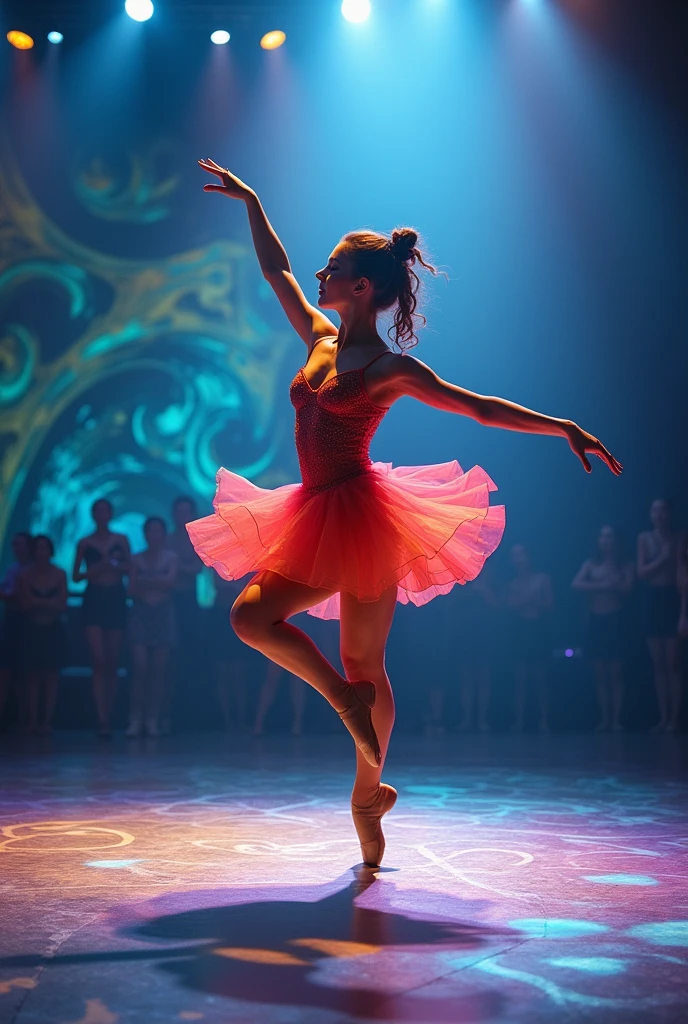 a teenage dancer, It is on the stage and can be seen from the ground point of view.