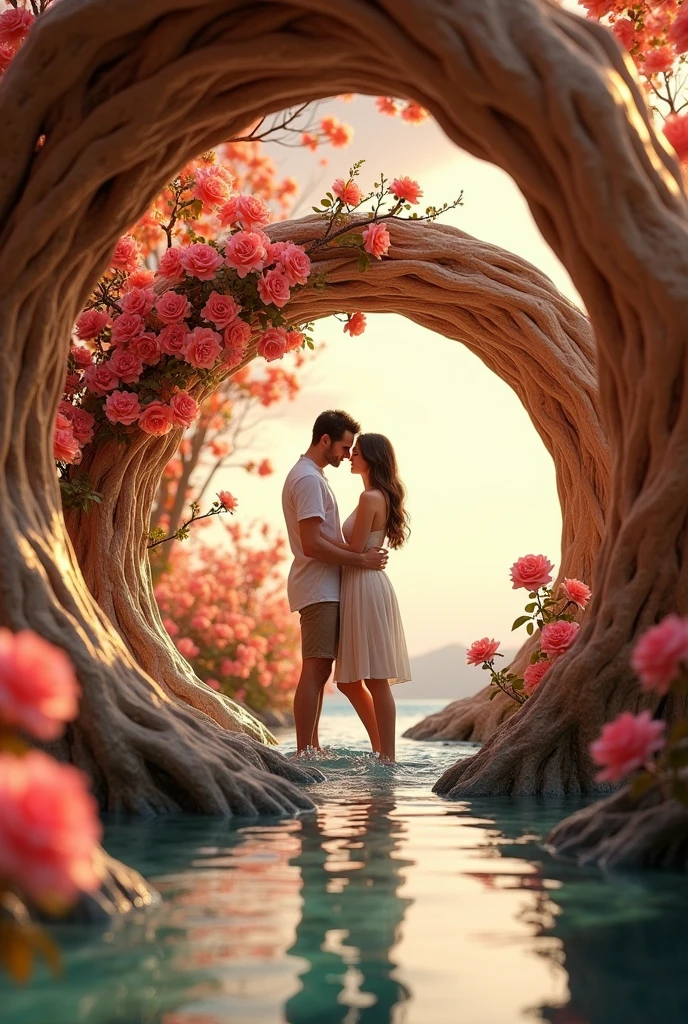 A hyperrealistic 3D photo macro image with a height of 220 pixels and a width of 1580 pixels of a couple enveloped in TIMBER, which is surrounded by freshwater and saltwater, which is surrounded by flowers and roses..