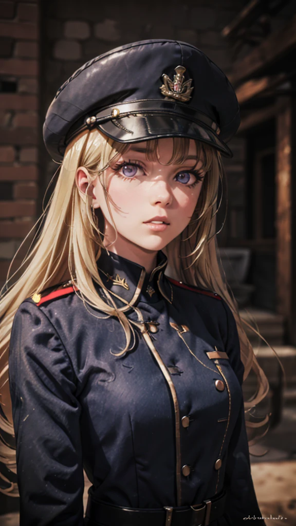 (masterpiece, best quality, absurdres), high quality, highres, ultra detailed, intricate, cinematic lighting, wallpaper, soft lighting, cowboy shot, looking at viewer, upper body, parted lips, 1 girl, kei Karuizawa, blonde hair, bangs, long ponytail , detailed violet eyes, ((Super Realistic Detailed Eyes, glowing eyes)), black military uniform, military uniform, black military hat, black hat, holding hat with fingers