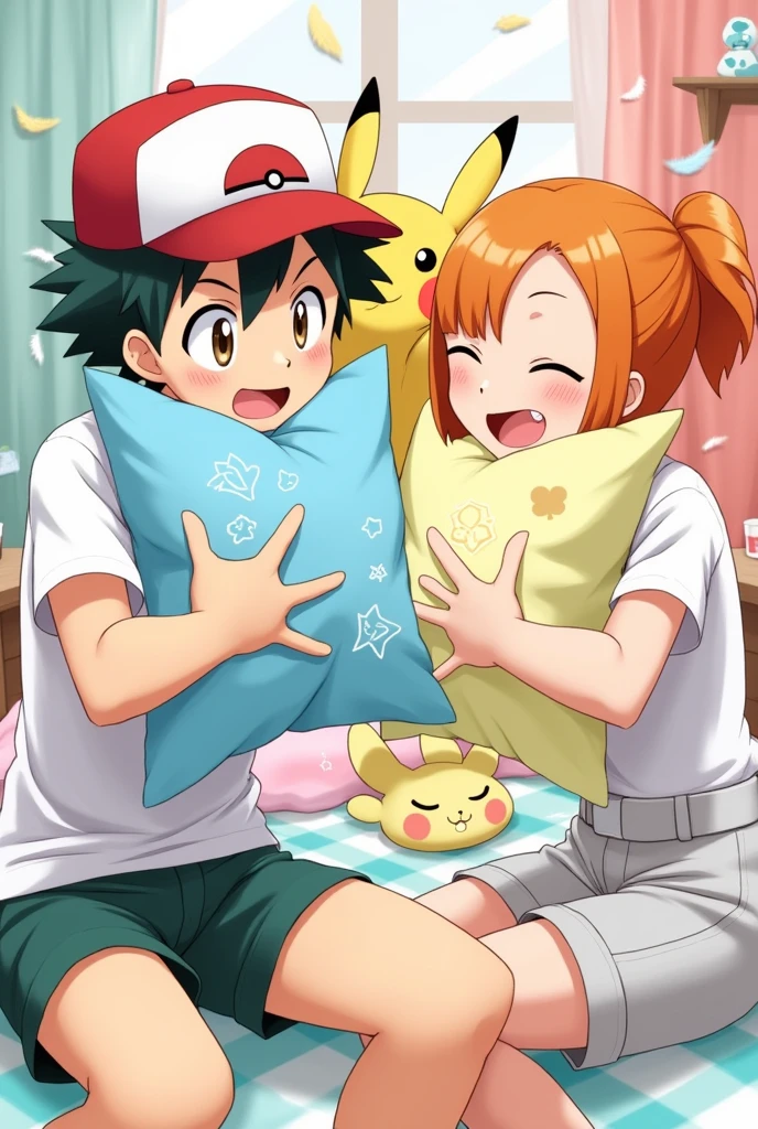 Draw Ash and Misty from Pokemon in anime style having a pillow fight. Ash's pillow is light blue with PokeBall drawings while Misty's is pastel yellow with Psyduck drawings. The feathers fly around them. Let me see the room in the background.
Misty has orange and short hair, tied in a ponytail to the right . Add Pikachu and Togepi to them.
Ash has brown eyes and Misty has navy blue eyes.