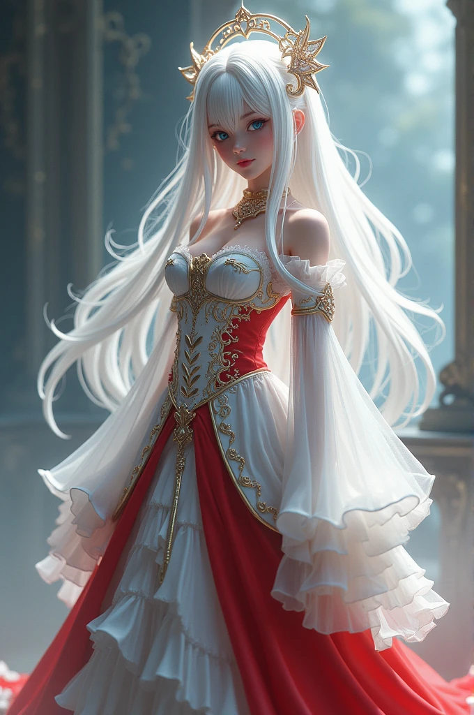(best quality,4k,8k,highres,masterpiece:1.2), ultra-detailed, (realistic,photorealistic,photo-realistic:1.37),((Highly detailed CG Unity 8k wallpaper)), masterpiece, Super detailed, floating, High resolution, Sexually suggestive, (small, Extremely long white hair, Princess, White Mage, blue eyes, (It has long, wide sleeves and intricate embroidery. A gorgeous layered long dress in white and red with a sheer look), Bridal Veil, Circlet, Bridal Gauntlet, Blushing, shy, arched back, Frilled petticoat, Glamorous corset,