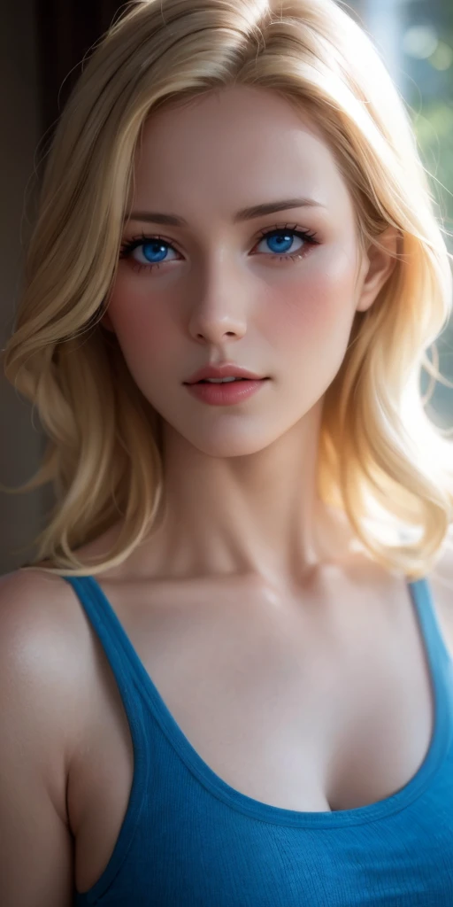 realistic:1.2 , sinister, award winning photo, best quality, masterpiece, upper body, woman, freckled face, windblown blonde hair, emerald eyes, modern strapless dress , damp, cleavage , detail skin texture , perfect sexy figure , anatomically correct 