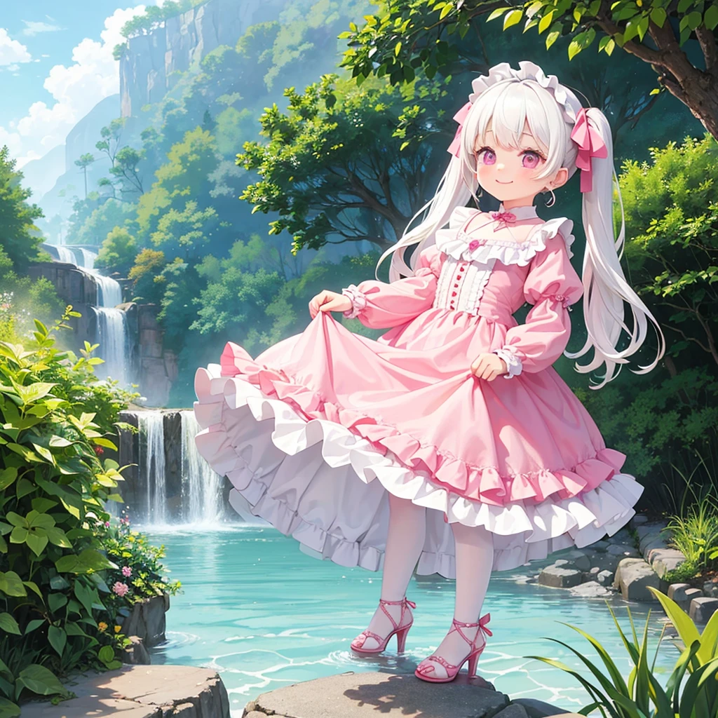 1girl, Solo, white hair, pink eyes, blushing, twin tails, pink hair, vale, long dress, pink dress, bride, victorian dress, earrings, windy, puffy sleeves, water, wet, dress lift, smile, masterpiece, high heels, stockings, Makeup, swimming, windy, stocking, teasing, climbing