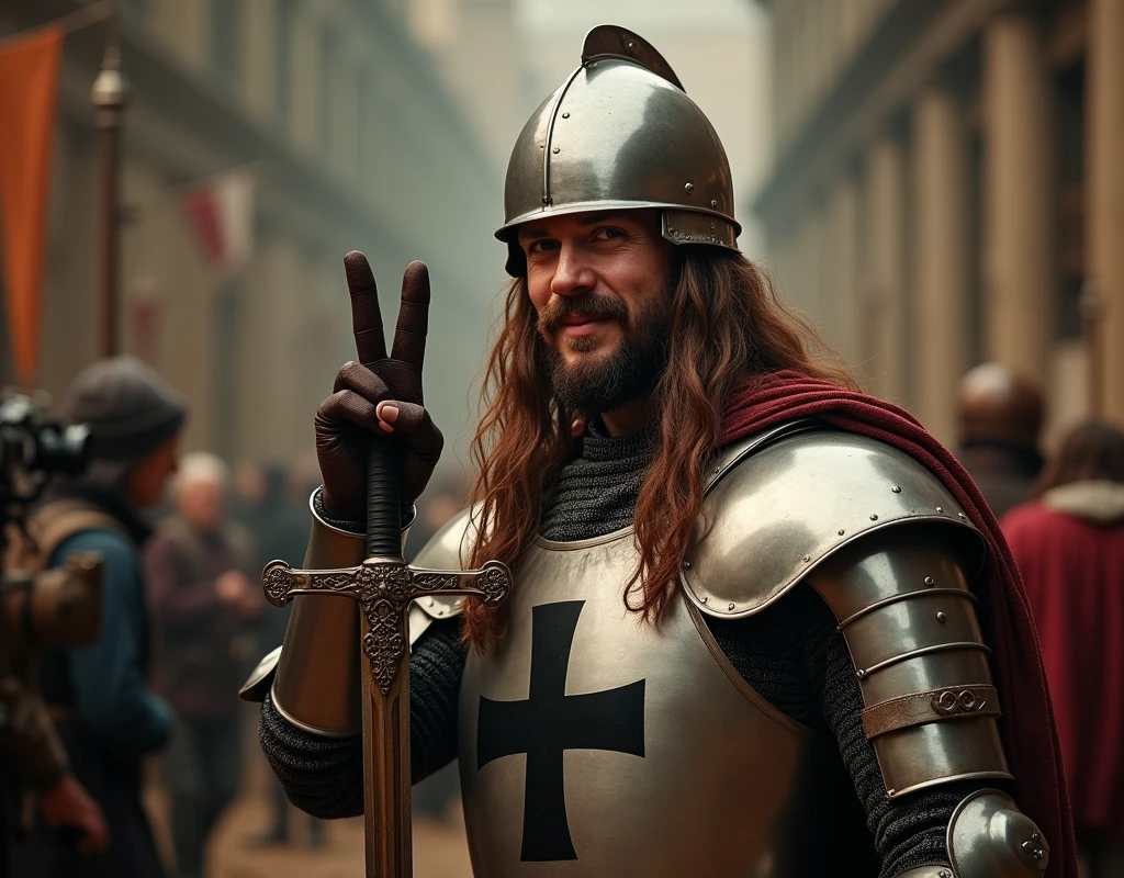 commemorative film ,((camera shoot ,camera staff, dresser, cinema Boss)), 12th century, One of the Teutonic Knights, (Germany man, 30 age-old, brown hair, long hair, beard, mustache, big smile), make double V sign , Cover the whole body in armor, , The handle is cross-shaped, It is decorated, ((He wears a cloak with a Black cross on his chest)), Accurate, ((Anatomically correct,Surrealism, uhd, retina, accurate, anatomically correct, textured skin, super detail, high details, best quality, 8k))