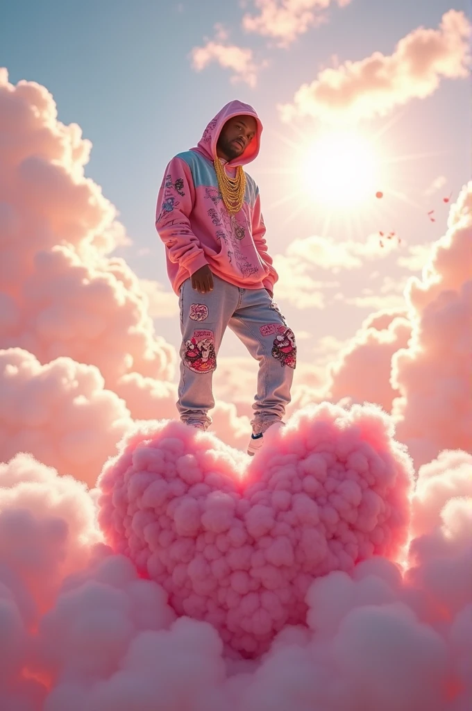 A rapper stepping on a heart in the clouds