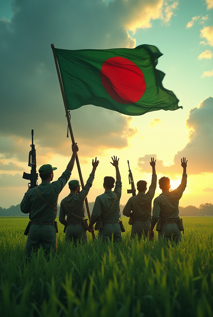Green fields with bloody hands of fighters carrying rifles and sticks with flag of Bangladesh waving freely in cyberrealistic