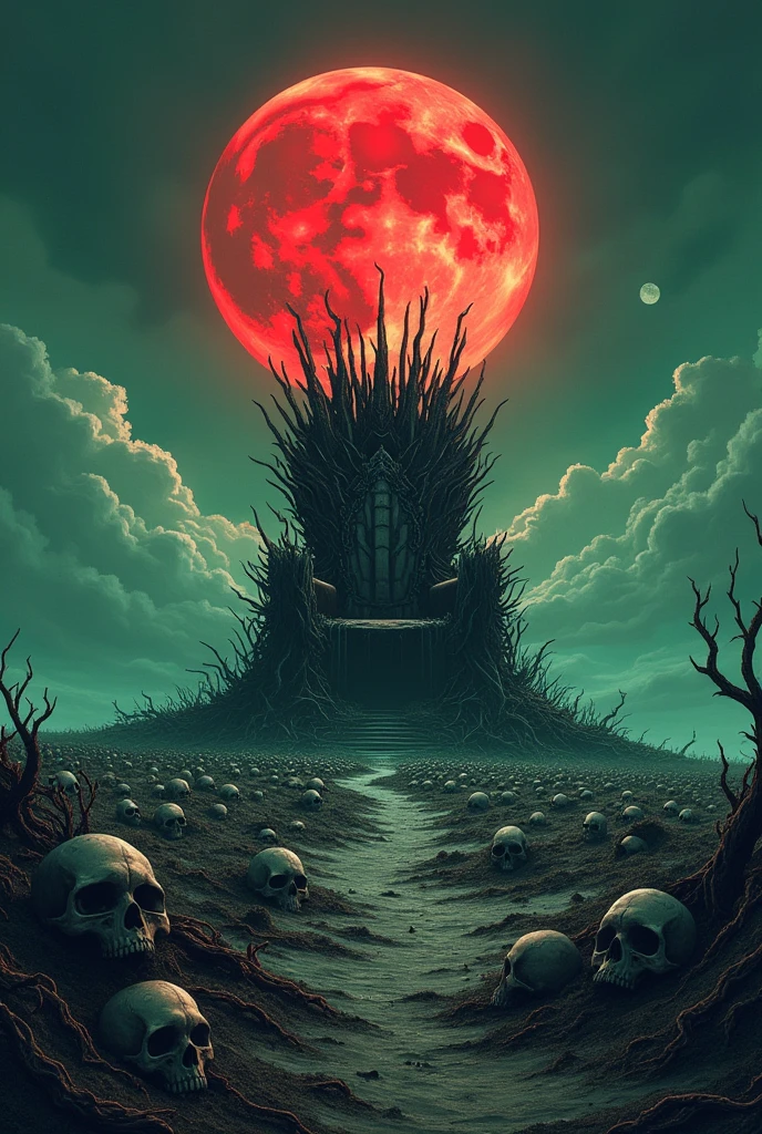 A very big land with with greenish sky and red moon and with thousands of  skull on it and a throne made of thorns standing on that land, scary in landscape format animated style