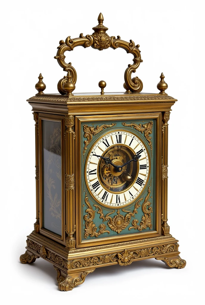 Vintage illustration of an ornate carriage clock with exposed escapement, delicate filigree work, and enamel face, isolated on a white background