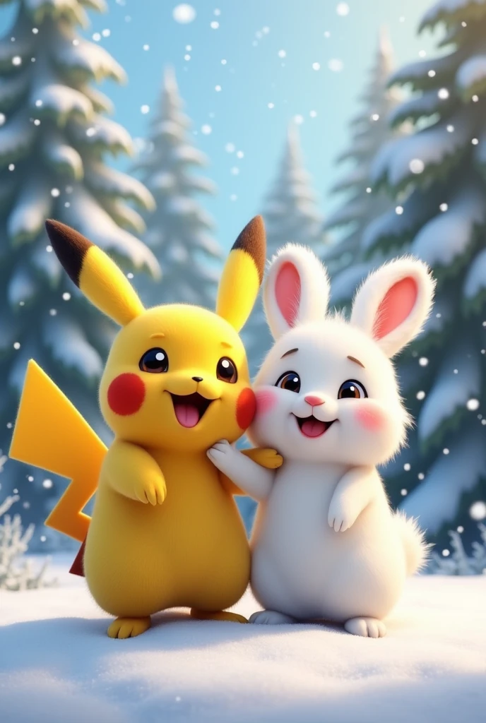 Make a picture with Pikachu from Pokemon and snowball from the Secrets of pets life as they best friend and with smiling face and the put hand on their shoulder