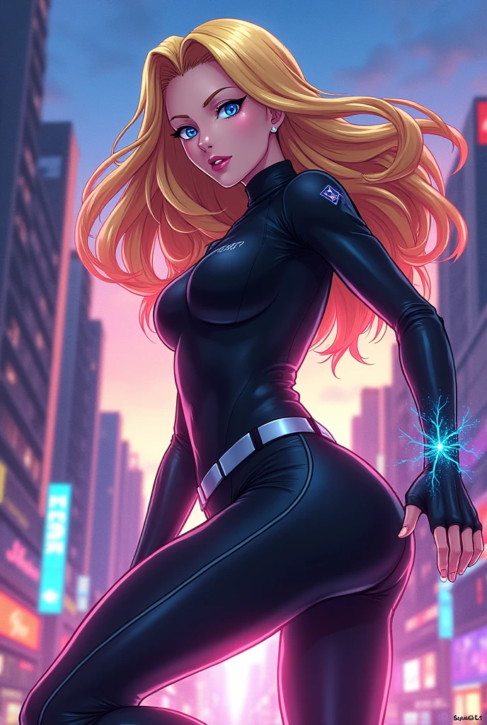 Create an image of the Android 18 character, with her iconic features, blonde hair and blue eyes. She should be wearing black tights, matching her usual style. The pose should be dynamic and expressive, reflecting her confident and strong attitude. Be sure to capture the essence of the character, including her detailed look and striking presence, anime styling."