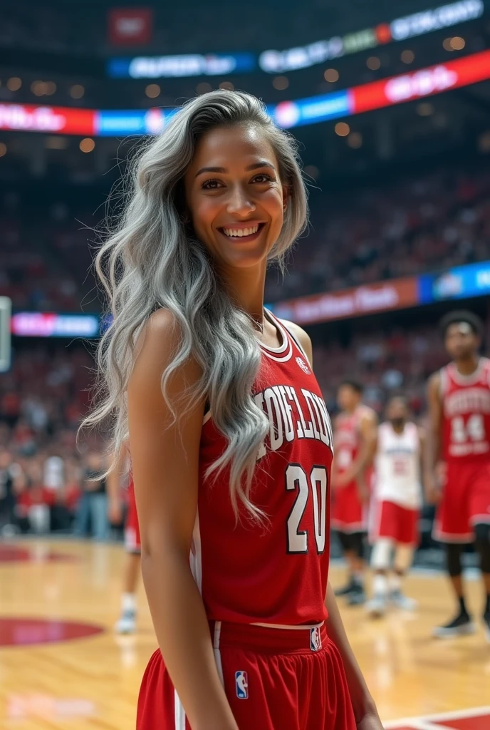 A beautiful youthful looking
American version of Ariana Grande as a 50 years old woman with very long hair completely gray hair in a long big curls styles as a retired
NBA player wearing her old NBA jersey shooting the ball in the basket in a nba stadium she is smiling for the camera in the background are younger male basketball player in their 20s