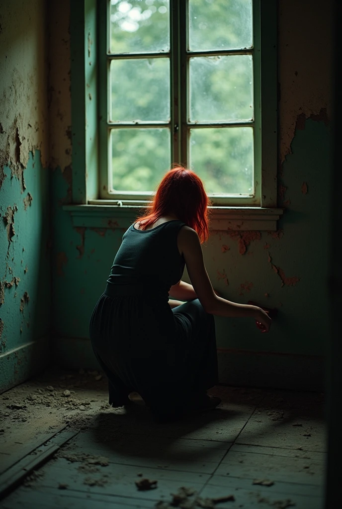 depict a woman with red hair squatting with her back to the viewer inside an old house, removing paint from the wall. The scene should be very dark.