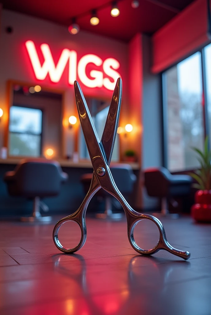 Hair salon the wigs letters sign Image of scissors forming a picture