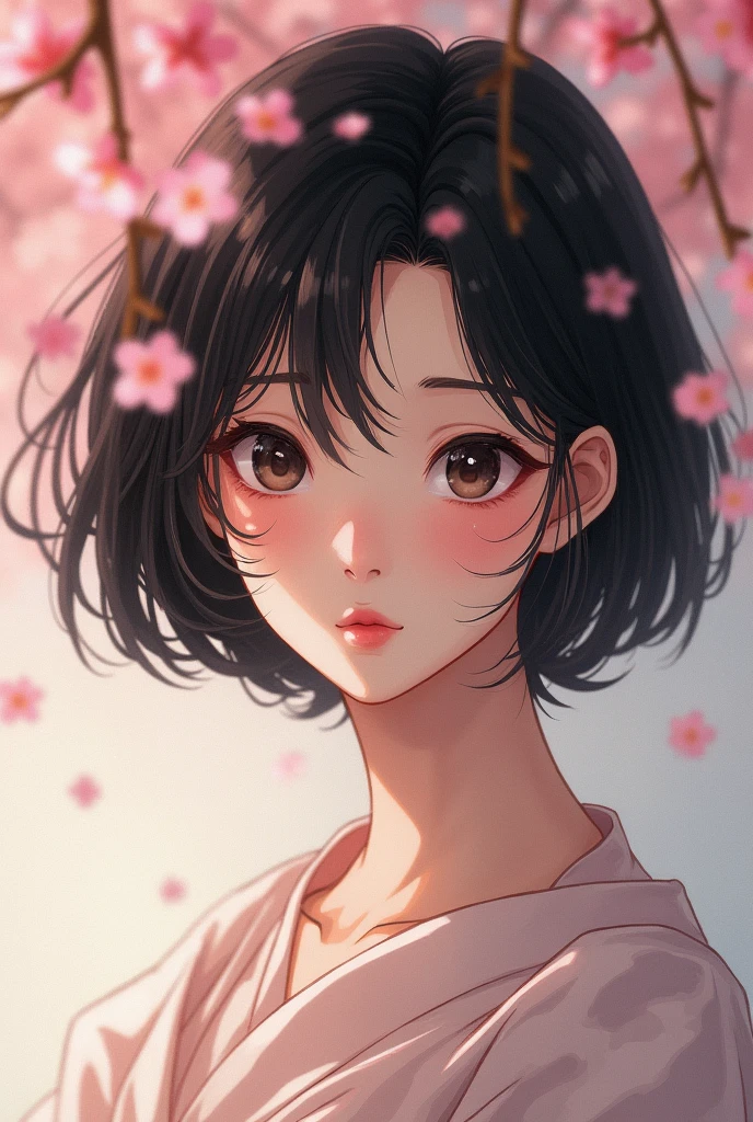 Create a drawing of a woman with the following features:

* Japanese
* 170cm tall
* Long face with a snub nose
* Downward-slanting, double-lidded eyes
* Short black hair
* Shoe size 26.5cm　Age is 28 years old