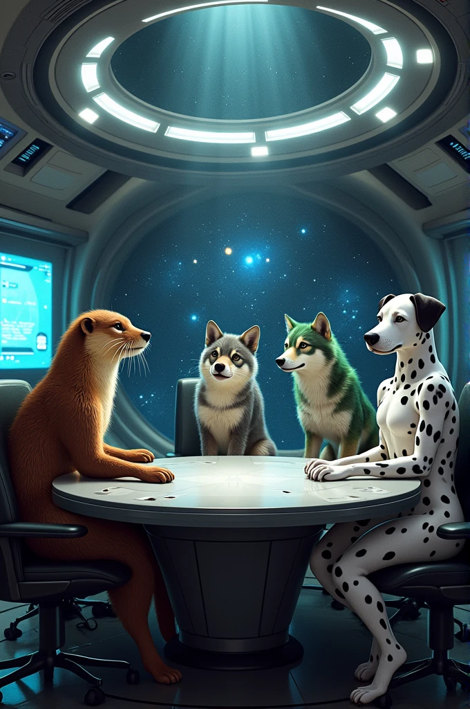 a diplomatic meeting between anthropomorphic otter, wolf with grey fur  , wolf with green and white fur and Dalmatian in a space ship briefing room 