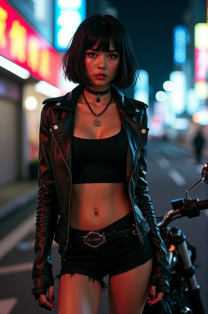 (8K HDR photorealistic pic), (cowboy shot), (Perfect Anatomy, top-quality, The ultra -The high-definition, high resolution, extremely details CG, 8K Unit Wallpapers), ((mature 26-year-old)), solo, Beautiful detailed eyes, black hair, short bob hair, blunt bang, (small breasts, slender body, athletic), gleaming skin, oily skin, (punk fashion, leather jacket, (tank top), micro shorts), (drive a motorcycle, Harley-Davidson), on road, Tokyo, at night