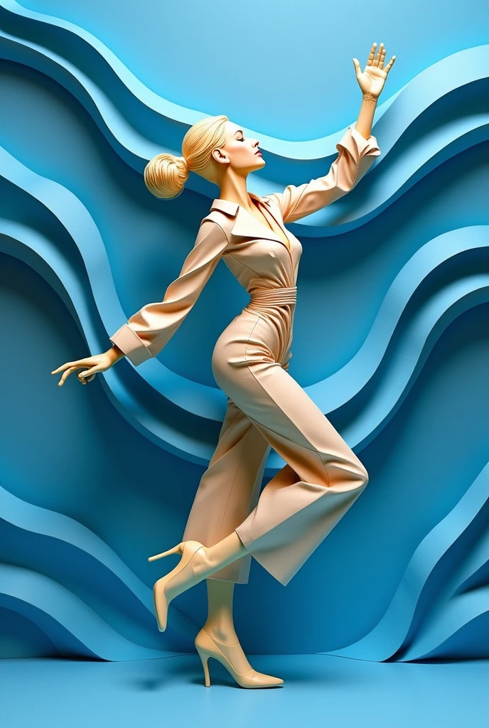 A sculptural figure made of folded beige paper stands in a dynamic pose, appearing to dance. The stylized figure features angular shapes and geometric folds, with one arm raised and the other bent at the elbow. It wears a contemporary outfit with a cinched waist and long pants, complemented by a unique paper high-heeled shoe. The background is a vibrant blue, textured with wave-like patterns, enhancing the artistic feel of the composition.
