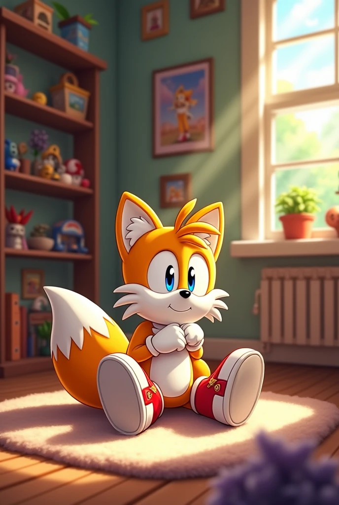 Tails sitting on the ground in his house with his shoes and gloves on
