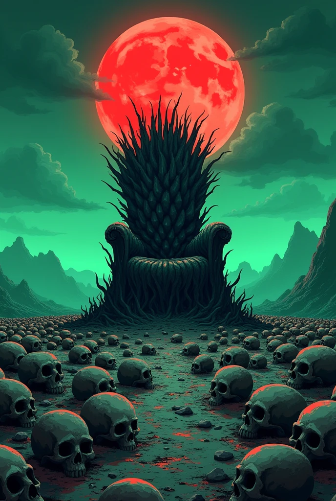 A very big land with with greenish sky and red moon and with thousands of skull on it and a throne made of thorns standing on that land, scary in landscape format animated cartoon style