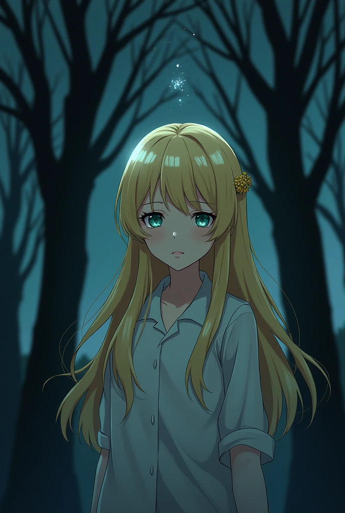 As she fades away, Celeste whispers a final message, her voice filled with sorrow and hope.. make her young  and anime art style and her hair color should be blond and the background should be just tree and not flowers and make the theme dark and tense make her simple and use anime art style and this time make her that she's dying 

.
