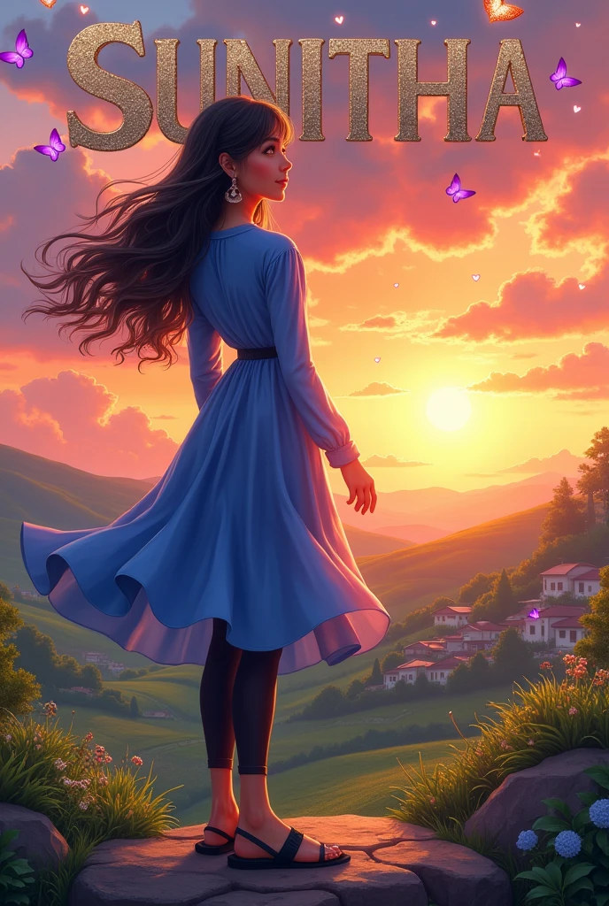 Beautiful cute short girl aged 18 , stand on stone in middle of hills, have long hair and wears ear rings and wears metallic smart watch to her left hand and wears blue colour full hands dress and black scarf  which is flying due to air and  black colour legin pand and wears Black colour chappal and seeing left side and sky in sunset mood, in background village and trees and green crops and House written SUNITHA name on the sky at her background with 3D metallic golden glitter with metallic silver heart, metallic purple butterfly, metallic green peal. Everything in front 3D rendering, typography, 3d render, poster, fashion