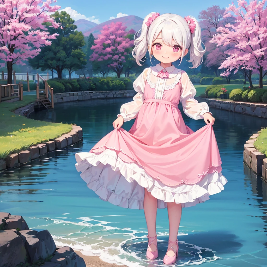 1girl, Solo, white hair, pink eyes, blushing, twin tails, pink hair, vale, long dress, pink dress, bride, victorian dress, earrings, windy, puffy sleeves, water, wet, dress lift, smile, masterpiece, high heels, stockings, Makeup, swimming, windy, stocking, teasing, wet clothes