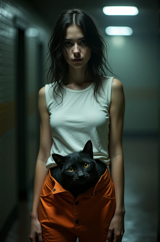 (By Creepy Gun|By Delta.dynamics:0.5), Best Quality, 1 girl, women, Place, scp-1471, mammal, three quarter portrait (Wearing a sleeveless white T-shirt, Prison orange monkey lowered), Front view, Looking at the standing viewer