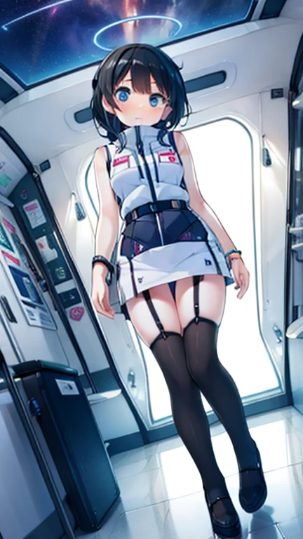 (Highest quality), (masterpiece), 1080P, High resolution, 4K, 8k, Inside the space station、Futuristic room、Thigh straps, Shooting from directly below, The woman on top of me, 白いSweat, Covered , Sweat, Woman looking down, Skirt swimsuit, Thigh-high socks, To achieve this, , , whole body, Black leather shoes, Braided hair, Inner Color, Embarrassed face, Short black hair, bracelet, Bedroom,celestial body_Vest