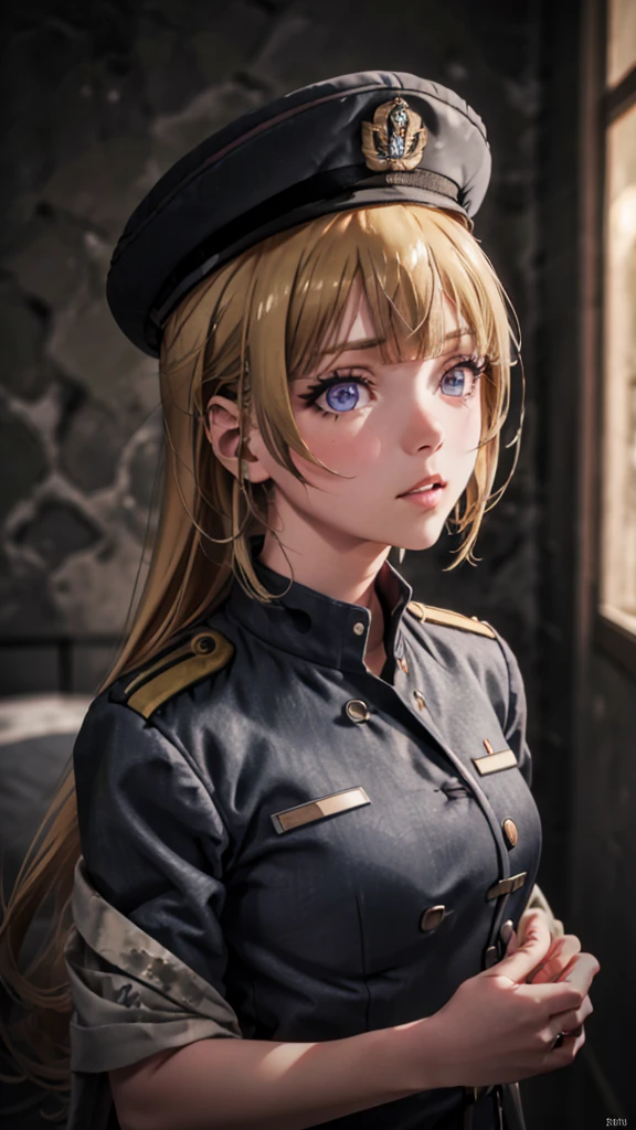 (masterpiece, best quality, absurdres), high quality, highres, ultra detailed, intricate, cinematic lighting, wallpaper, soft lighting, cowboy shot, looking at viewer, upper body, parted lips, 1 girl, kei Karuizawa, blonde hair, bangs, long ponytail , detailed violet eyes, ((Super Realistic Detailed Eyes, glowing eyes)), black military uniform, military uniform, black military hat, black hat, holding hat with fingers, military coat, military achievement, 