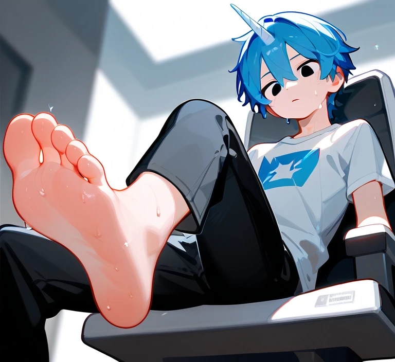 wallpaper,A cute boy shows his feet，leg，Two feet，sit on the chair，Foot Focus，Look down，black eyes，barefoot，Blue Hair，Bangs between the eyes, There is a blue Unicorn on the head.，Unicorn，black eyes，White T-shirt，Black jacket，Black pants，Sweating on the soles of the feet，Five toes，Correct feet，Anatomically correct, Best quality, High detail, detail, Very detailed, ultra HD, Textured Skin, HD Model, precise, high resolution,Sitting on another man，bilateral symmetry, Perspective drawing, 