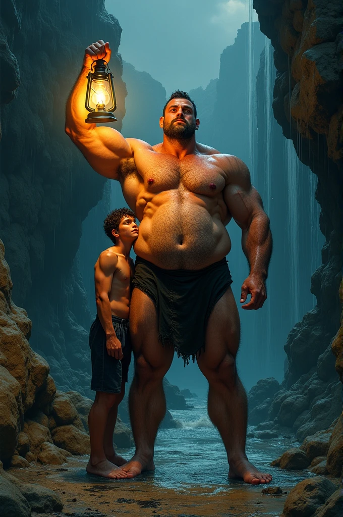 landscape image, he is shirtless and wearing wrestle singlet with a big cock bulge. he is very powerful. he is holding a lantern. sweaty. another smaller younger scrawny little man hug. in a ravine. hairy chest. one hand on waistband lowering. digital painting. drenched in water. adored by men. hairy chest.