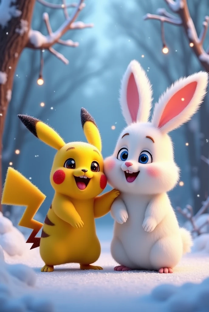 Make a picture with Pikachu from Pokemon and snowball from the Secrets of pets life as they best friend and with smiling face and the put hand on second their shoulder  