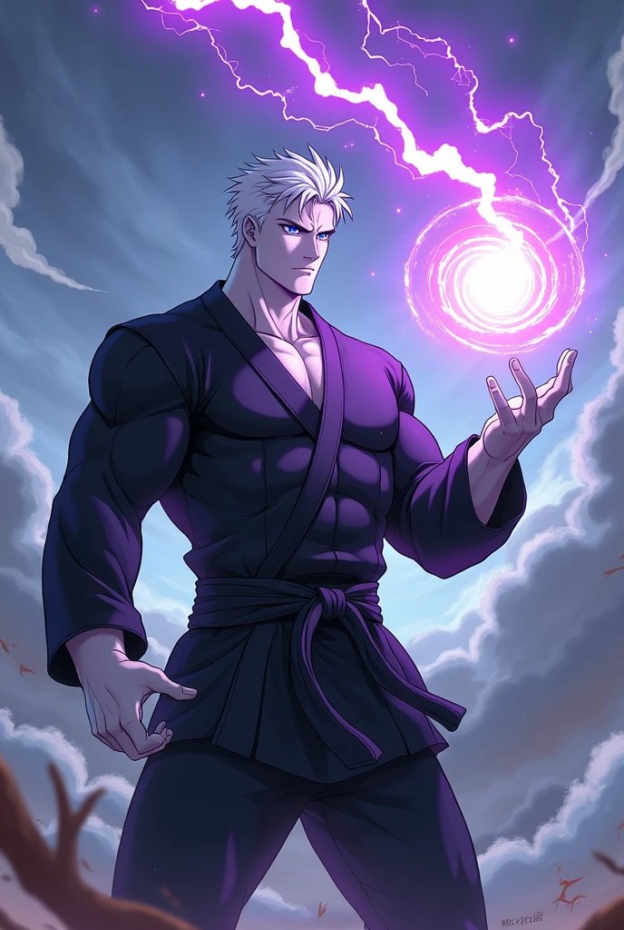 very white skin, 200 pound muscular body, and white short hair blue eyes in white T-shirt ,black leg karate suit ,shoot purple lightning storm sphere from hand, anime style