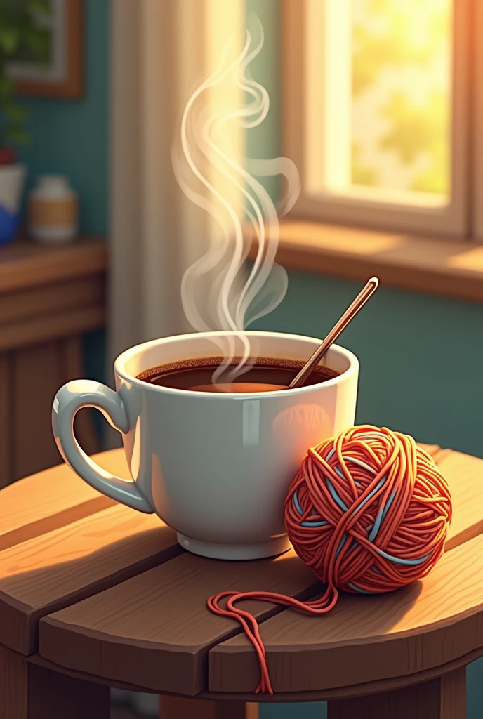 A cup of coffee with a ball of yarn to the side and a crochet needle, drawing style