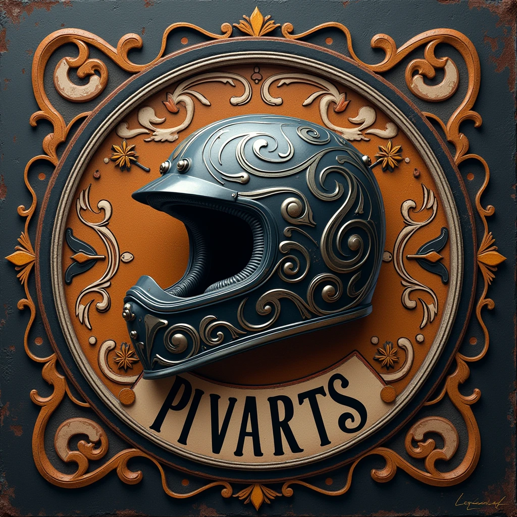 a vintage Motorcycles helmet logo, with text "PIVARTS", circle, intricate details, more detail, enhanced, ((poakl))
