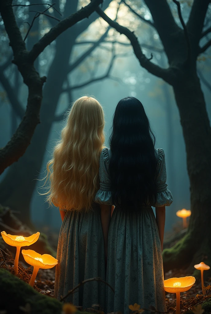 two twin sisters, One with blonde hair, the other with black hair., in the middle of a dark forest