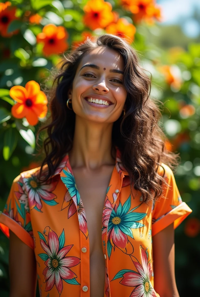 A Brazilian woman in a lush tropical garden, wearing an open shirt with a floral print, with a close-up capturing the harmonious beauty between her breasts and the natural flowers, showing off your natural charm and outgoing personality.