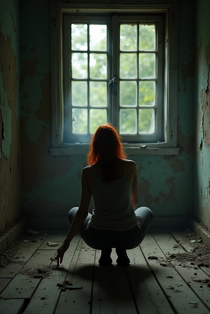 Have a woman with red hair squatting with her back to the viewer inside an old house, removing paint from the wall, with a very dark setting.