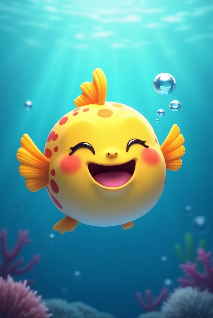Animated pufferfish,happy full body and with blue background