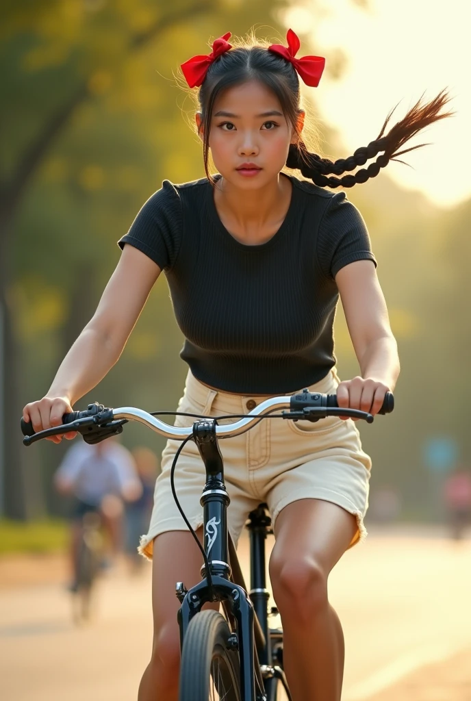 1 asian woman, 20s, riding bicycle very fast, black tight t-shirt with white narrow horizontal stripes, cream jean skirt with side pocket, black webbed belt with silver canvas belt buckle, black neckline and sleeve hem with red at the middle, motion blur, depth of field, best solution, best quality, high detailed, 32k, full body shot, black 2 braids with red bow made from narrow ribbon, cute and beautiful, from side, bicycle wheels, white sneakers, slim and perfect figure, perfect body proportions