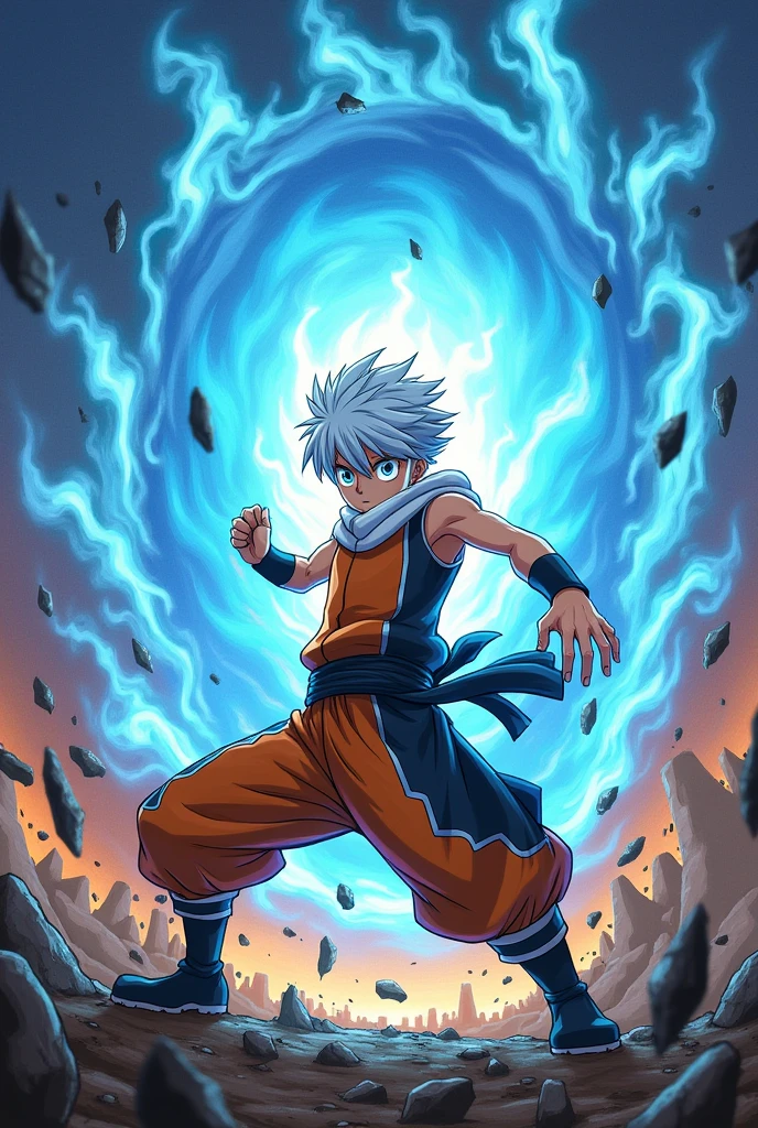 1 boy, teenager, short white hair and blue eyes solo, boy, orange and black outfit, fairy tail anime style art, epic fight scene, preparing a blue flame attack, epic battle, going into battle, destroyed fight background