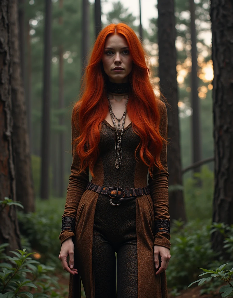 Red-haired snake woman,com roupa Soft Machine,brown and black color,background with pine trees